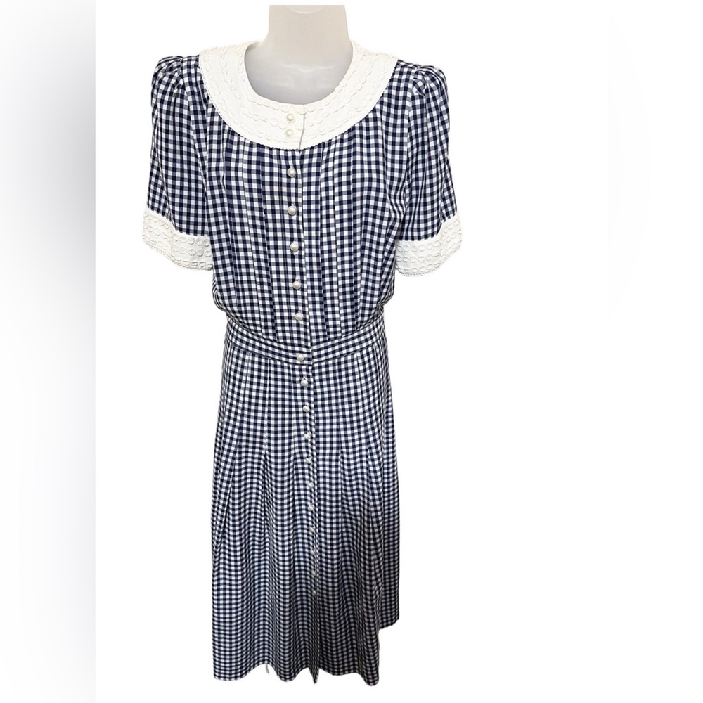 Plaza South Vintage M Midi Dress White Blue Gingham Pearl Button Short Sleeve